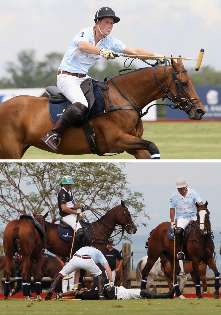 SAO PAULO, BRAZIL - MARCH 11:  Prince Harry plays polo for the Sentebale team at the Sentebale Royal Salute Polo Cup 2012 on March 11th, 2012 in Campinas, Sao Paulo State, Brazil. The 2012 Sentebale Royal Salute Polo Cup closes Prince Harry's Official Tour of Brazil. Sentebale was founded by Prince Harry and Prince Seeiso from the Lesotho Royal family in response to the plight of the neediest and most vulnerable of Lesotho's children.  (Photo by Chris Jackson/Getty Images For Sentebale Royal Salute)

Britain's Prince Harry (bottom L) helps a competitor, Bash Kazi of Pakistan, who fell off his horse while participating in the Sentebale Polo Cup in Campinas, Brazil March 11, 2012. The Prince is on the final day of a three-day official tour of Brazil on behalf of the British Foreign and Commonwealth Office. REUTERS/Suzanne Plunkett (BRAZIL - Tags: ROYALS POLITICS SPORT ENTERTAINMENT)